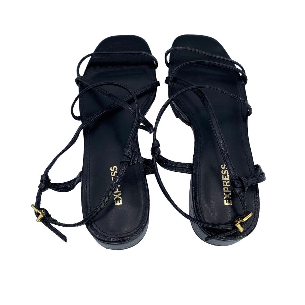 Express Black Faux Leather Strappy Low Block Heel Sandals Sz 7